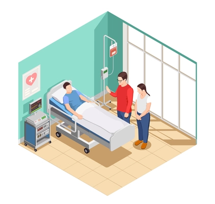 Visit friends to patient lying in hospital ward isometric composition with medical equipment, interior elements vector illustration