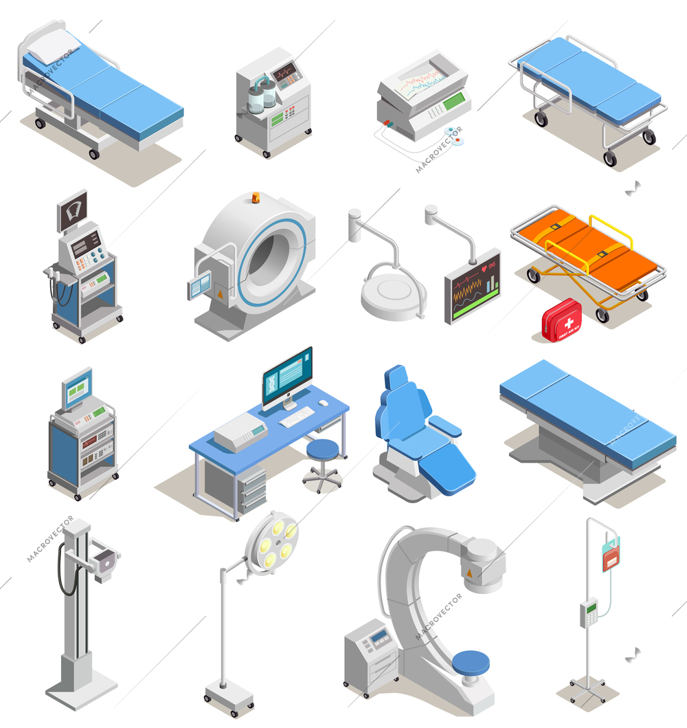 Medical equipment including hospital beds with electronic devices, mri scanner set of isometric icons isolated vector illustration