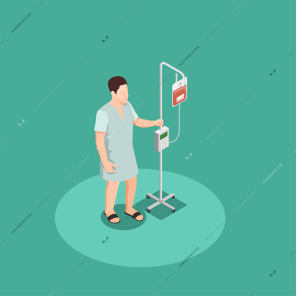 Patient in hospital clothing with dropper isometric composition on turquoise background vector illustration