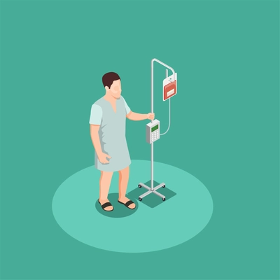 Patient in hospital clothing with dropper isometric composition on turquoise background vector illustration