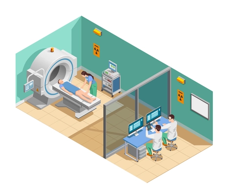 Medical examination with mri scanner, patient and doctors, isometric composition with interior elements vector illustration