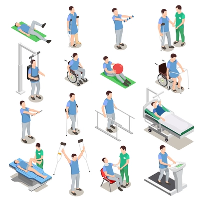 Medical staff and patients during physiotherapy and rehabilitation procedures on various equipment isometric icons isolated vector illustration