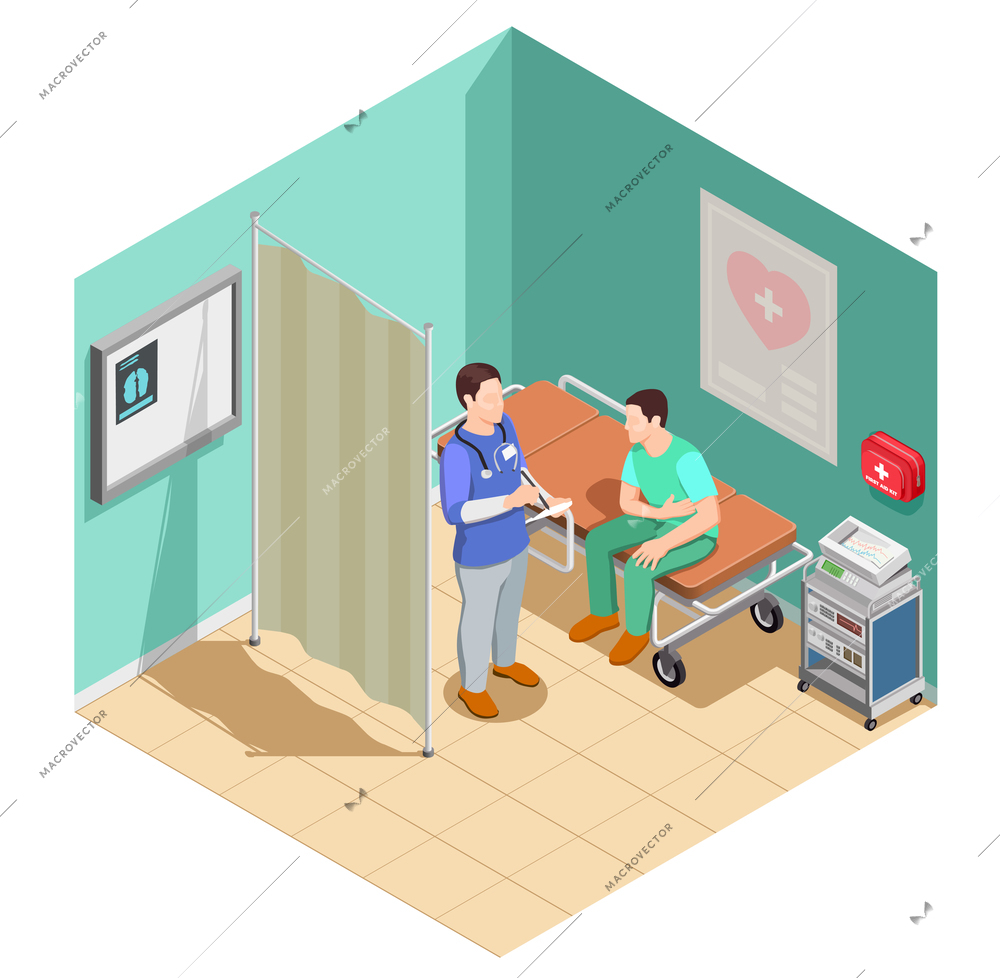 Patient on medical couch during inspection at doctor isometric composition with hospital interior vector illustration