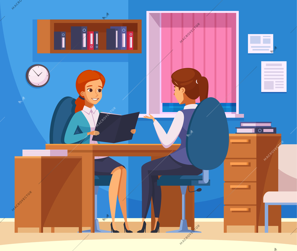 Recruitment hiring hunting HR cartoon characters composition with job talk in office room interior with furniture vector illustration