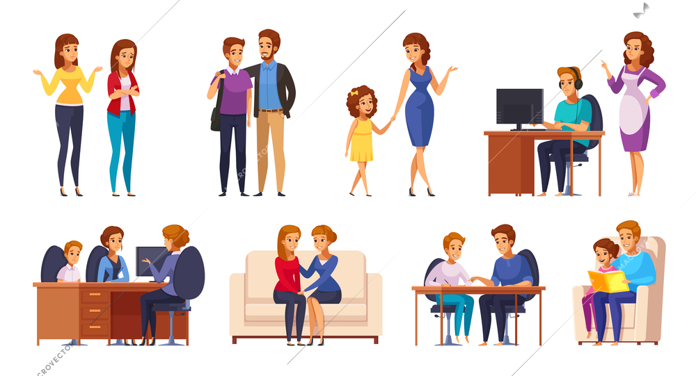 Children parents parenthood cartoon characters collection with kids and genitors human characters in different life situations vector illustration