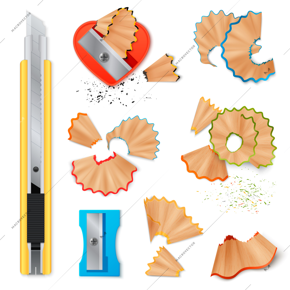 Realistic set of stationery with sharpener knife for pencils sharpening and shavings isolated icons on white background vector illustration