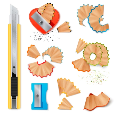 Realistic set of stationery with sharpener knife for pencils sharpening and shavings isolated icons on white background vector illustration