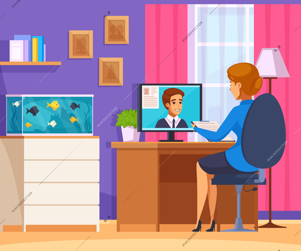 Recruitment hiring hunting hr cartoon characters composition with domestic room interior and applicant at desktop computer vector illustration