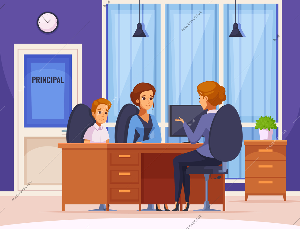 Children parents parenthood cartoon composition with headmaster office interior and human character of mother and child vector illustration