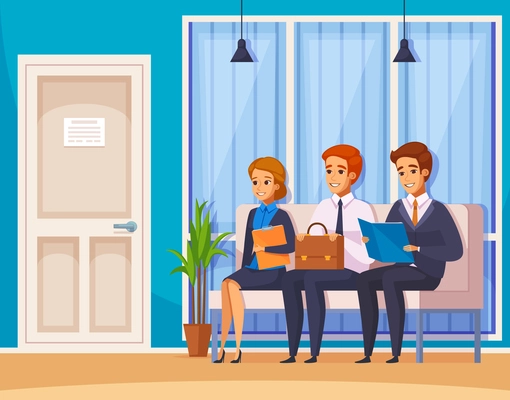 Recruitment hiring hunting hr cartoon characters composition with human characters of job candidates waiting in office lobby vector illustration