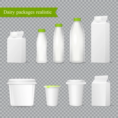 Realistic blank dairy packaging from plastic and cardboard, icons set on transparent background isolated vector illustration