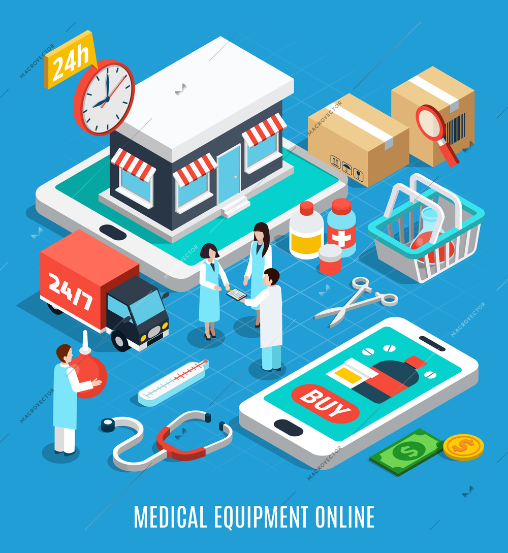 Ordering medical equipment online isometric concept on blue background 3d vector illustration