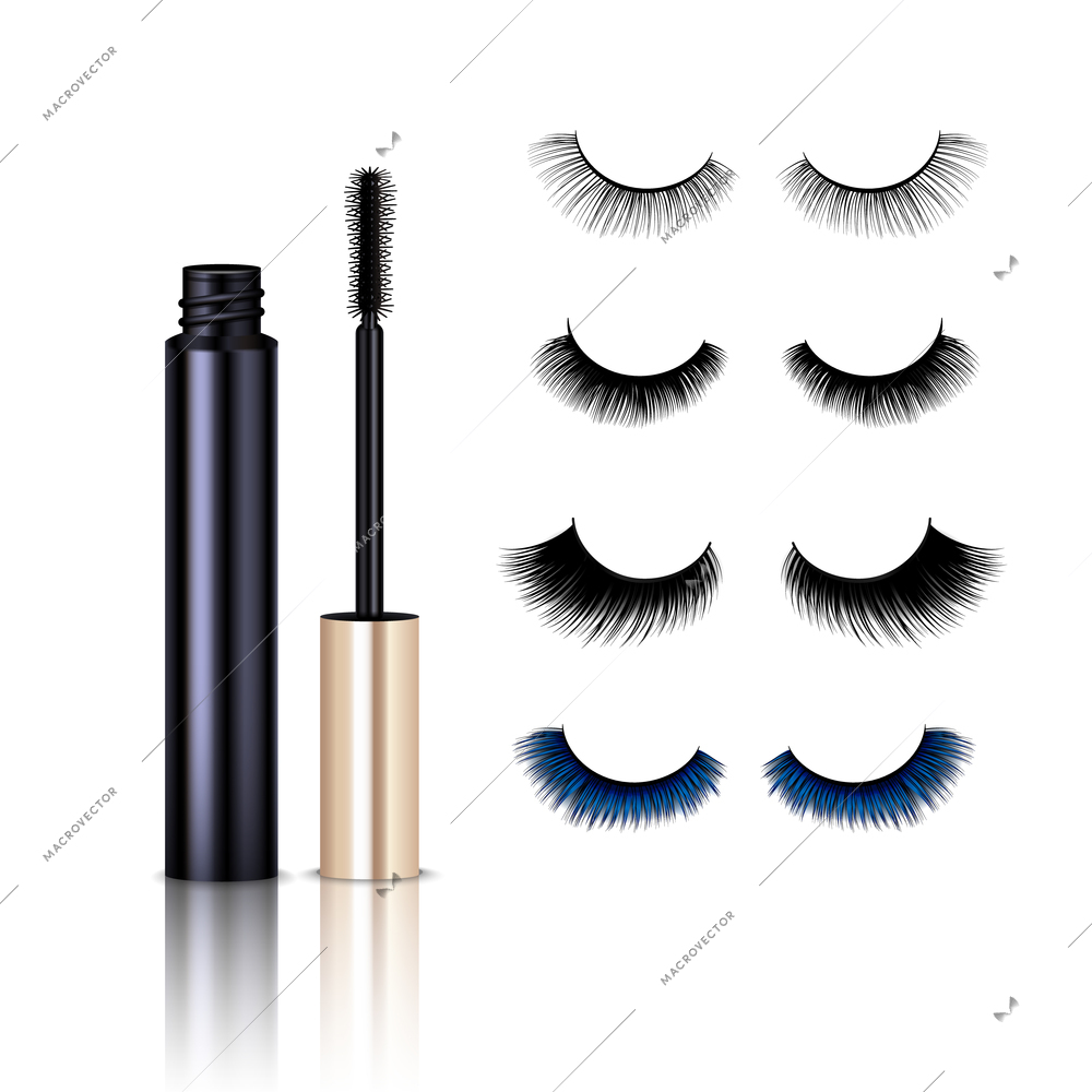 Set of realistic false eye lashes with mascara isolated on white background vector illustration