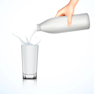 Pouring of milk with splashes into glass from plastic bottle on white background realistic vector illustration