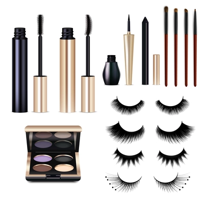 Set of realistic false lashes and decorative cosmetics for eyes including mascara, shadow palette isolated vector illustration