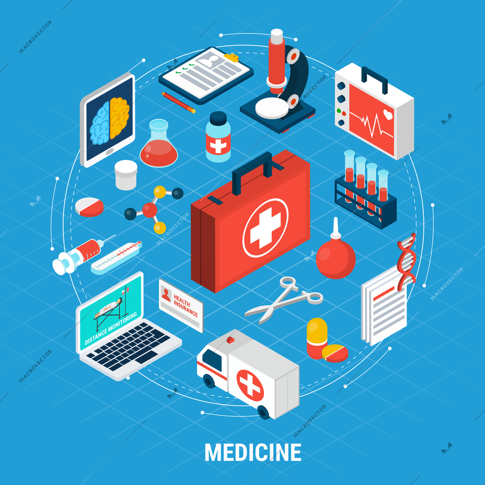 Medicine isometric concept with medical equipment for treatment and diagnostics on blue background 3d vector illustration