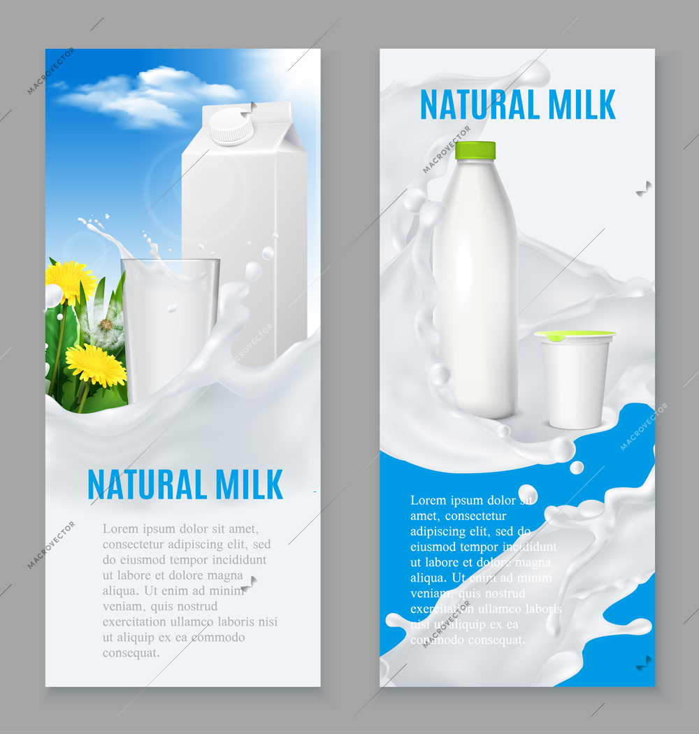 Realistic dairy products including natural milk and yogurt set of vertical blue white banners isolated vector illustration