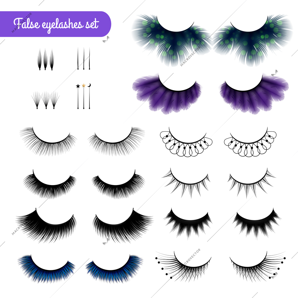 Set of realistic false eye lashes of various shape and color isolated on white background vector illustration