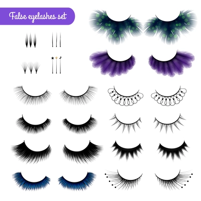 Set of realistic false eye lashes of various shape and color isolated on white background vector illustration