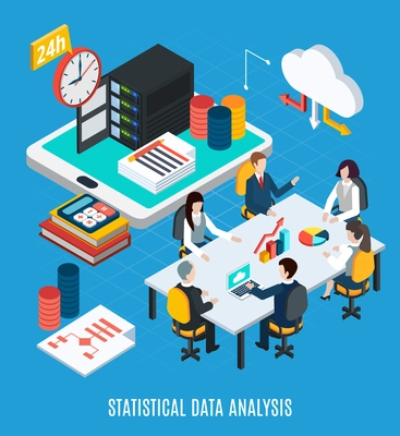 Data analysis isometric background with business team discussing statistical web information at common table vector illustration