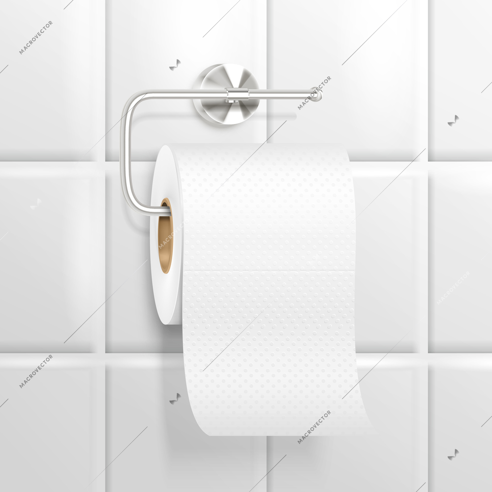 White textured toilet paper hanging on chrome holder on tiled wall background realistic composition vector illustration
