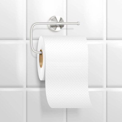 White textured toilet paper hanging on chrome holder on tiled wall background realistic composition vector illustration