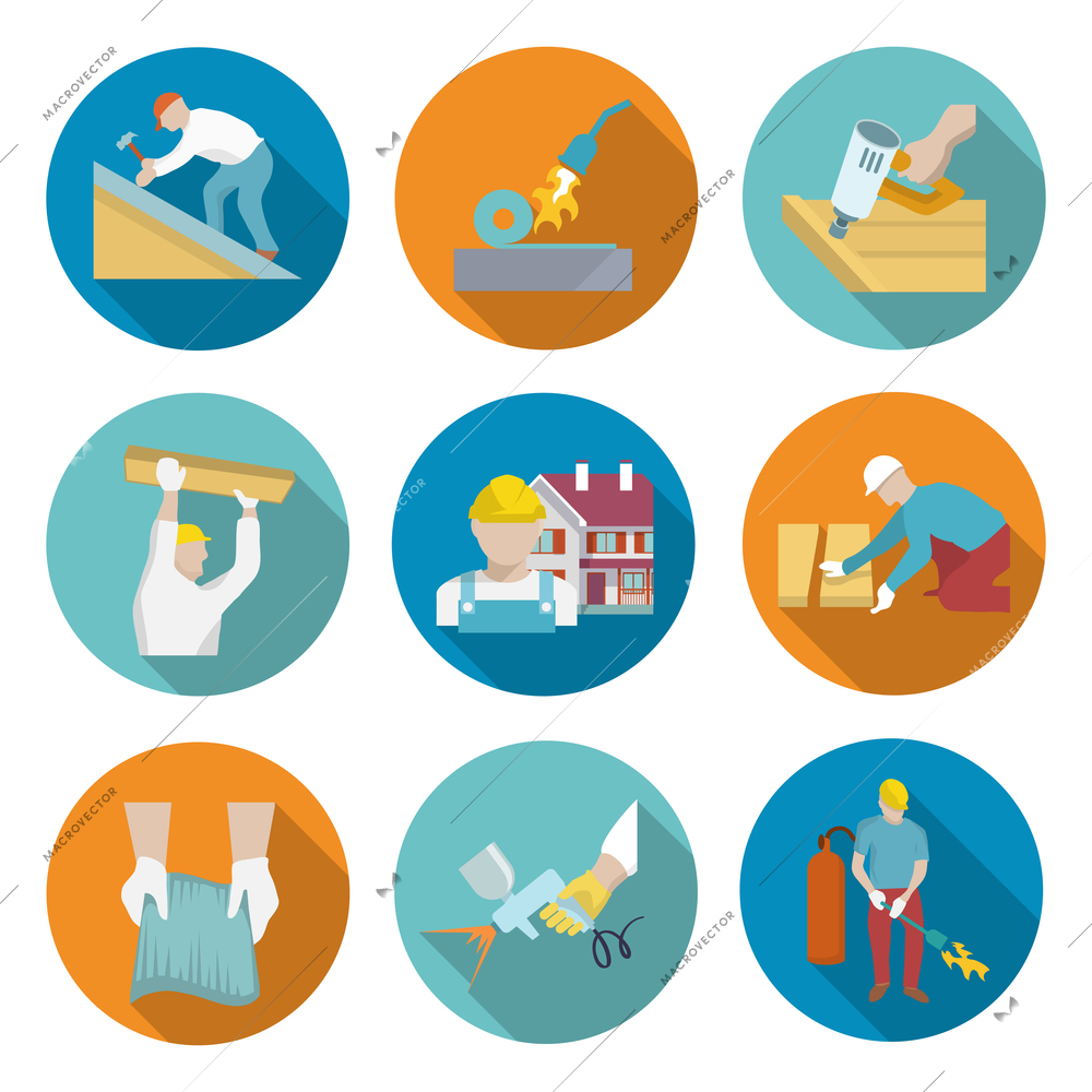 Roofer profession house improvement long shadow round button icons set isolated vector illustration