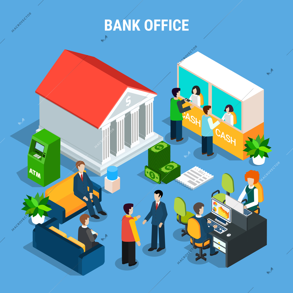 Banking office isometric composition with staff, clients during financial operations, interior elements on blue background vector illustration