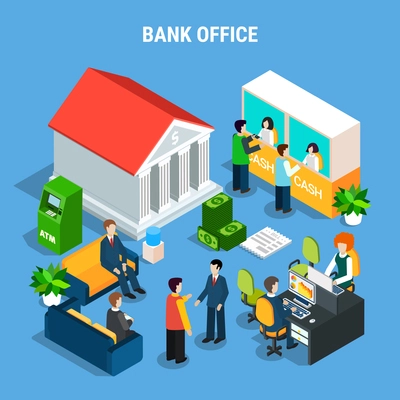 Banking office isometric composition with staff, clients during financial operations, interior elements on blue background vector illustration