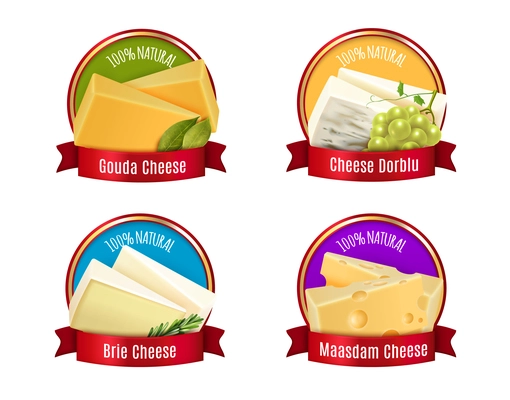 Set of labels with realistic cheese, red ribbons, spices and branch of white grape isolated vector illustration