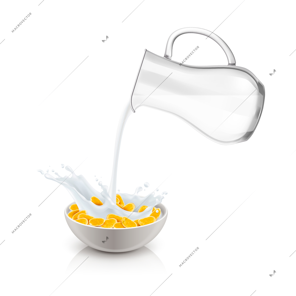 Pouring of milk from glass jug to bowl with breakfast cereals realistic vector illustration