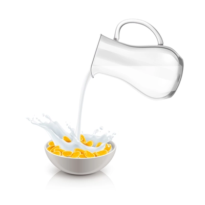 Pouring of milk from glass jug to bowl with breakfast cereals realistic vector illustration