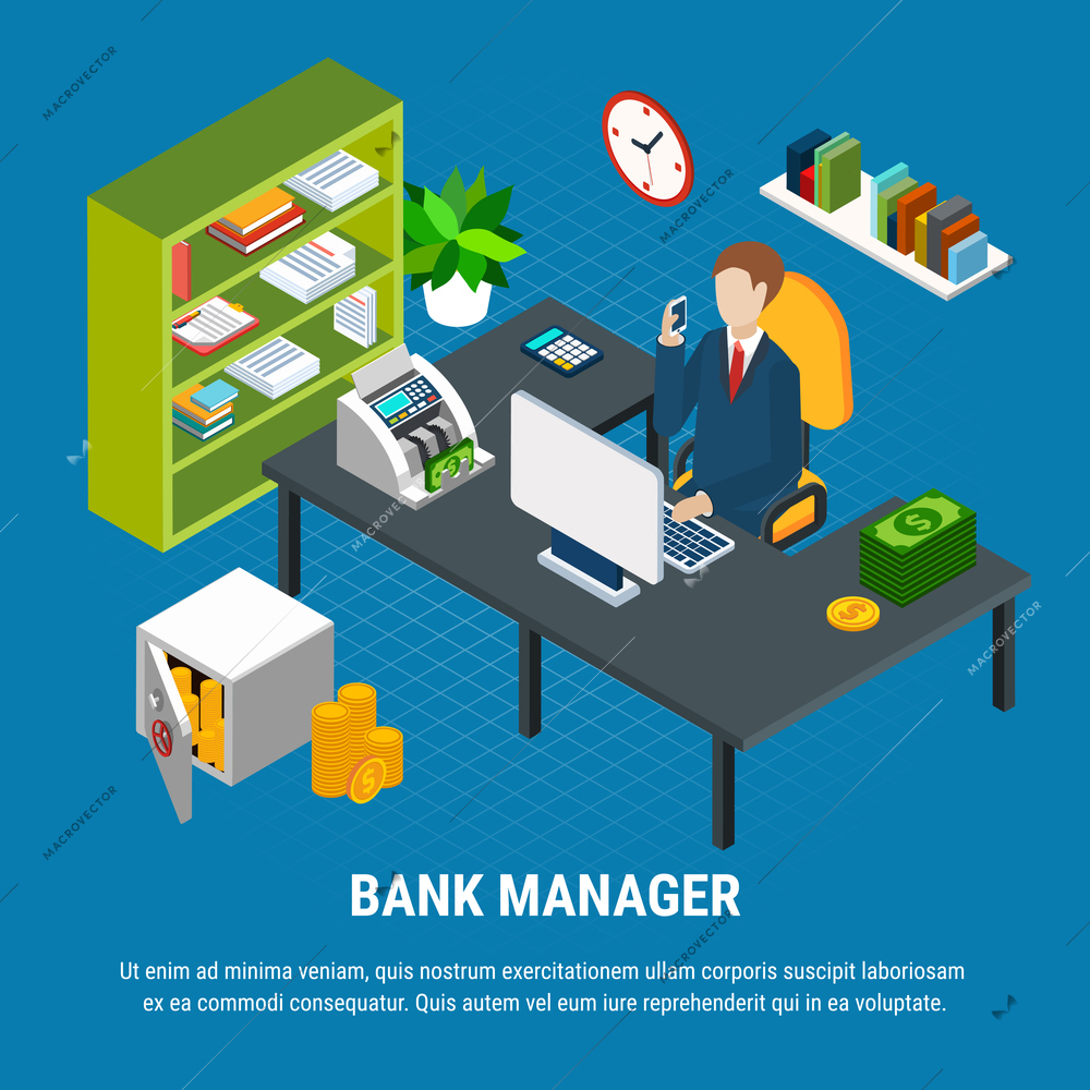 Banking manager at work in office isometric composition on blue background vector illustration