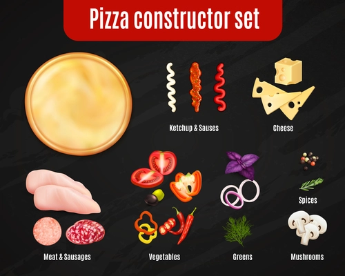 Pizza constructor realistic set on black background with dough and ingredients for topping isolated vector illustration