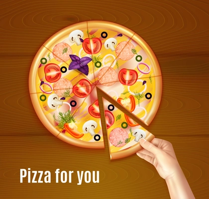 Baked pizza realistic composition on wooden background with hand holding piece of dish vector illustration