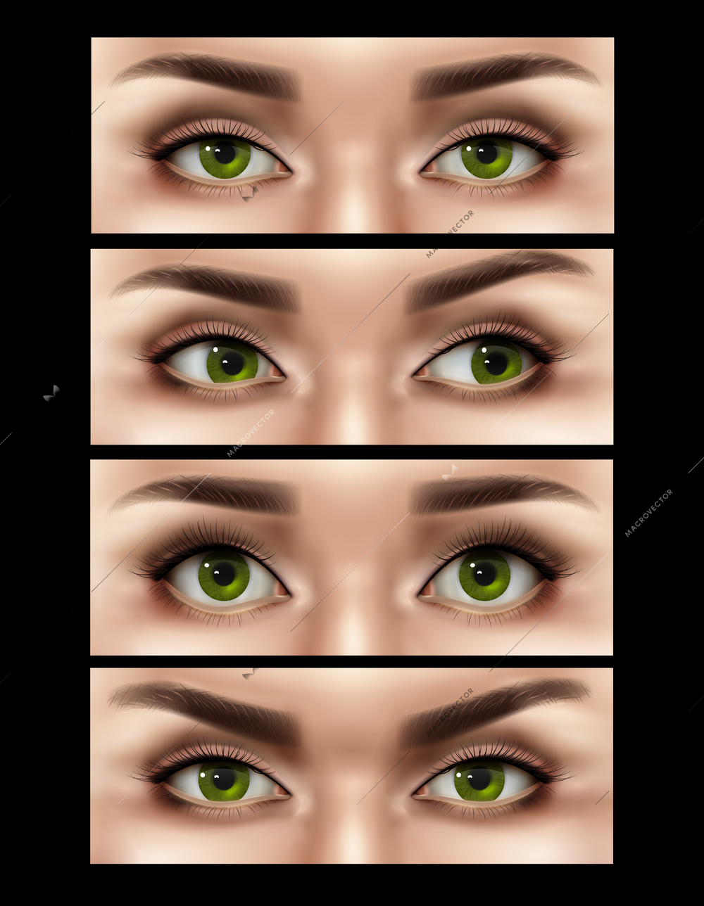 Set of realistic human female eyes expressions isolated on black background  vector illustration