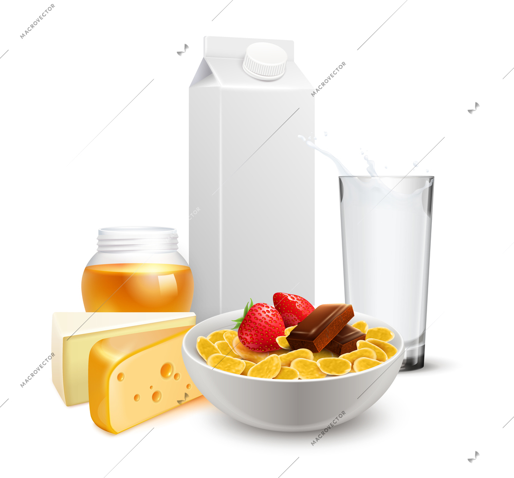 Breakfast with cereals in bowl, milk glass, cheese and jar of honey realistic composition vector illustration