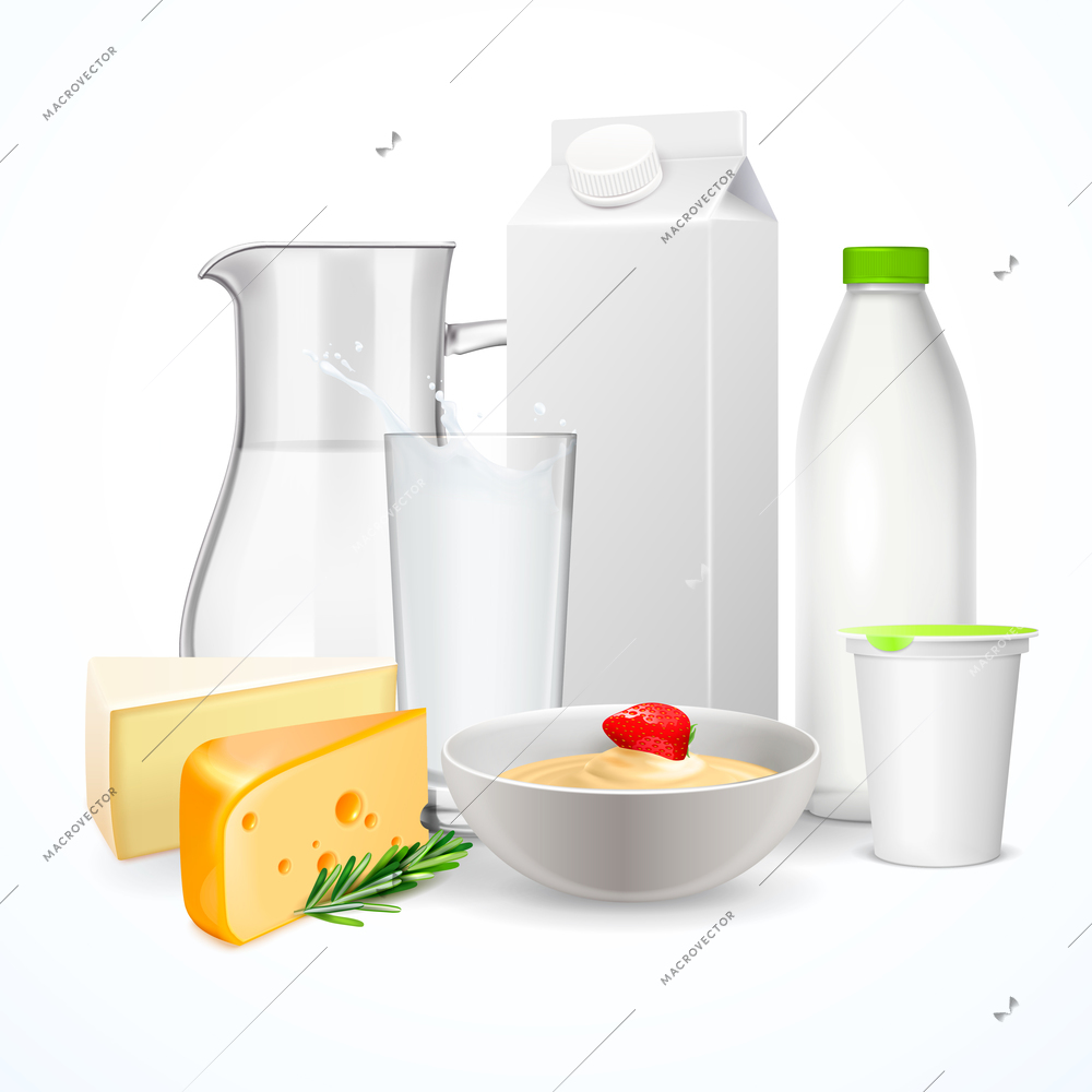 Dairy products including jug and glass of milk, cheese, yogurt, realistic composition on white background vector illustration