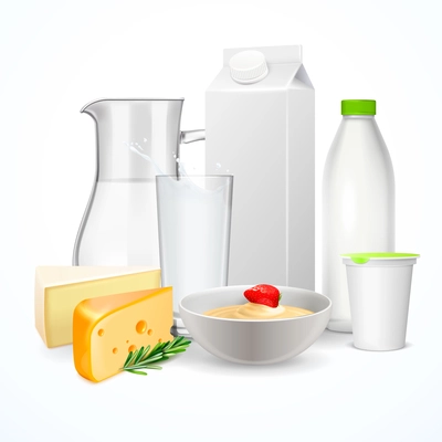 Dairy products including jug and glass of milk, cheese, yogurt, realistic composition on white background vector illustration