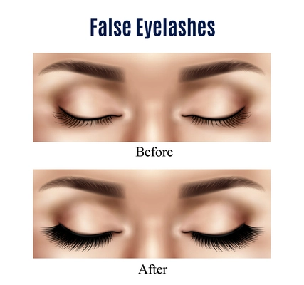 Realistic closed female eyes before and after using black false lashes isolated vector illustration