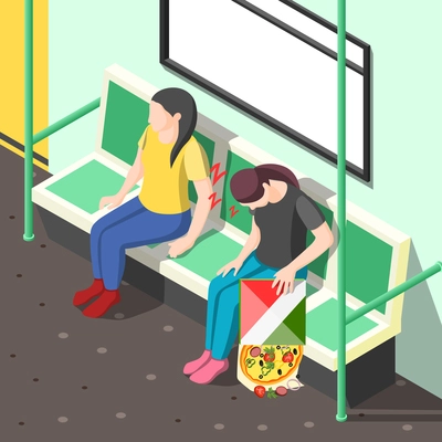 Sleep disorder isometric background with tired woman during nap in metro carriage vector illustration