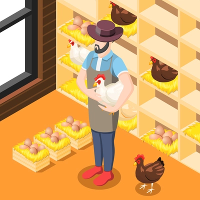 Chicken coop isometric background with farmer, hens, eggs in wooden boxes with straw vector illustration