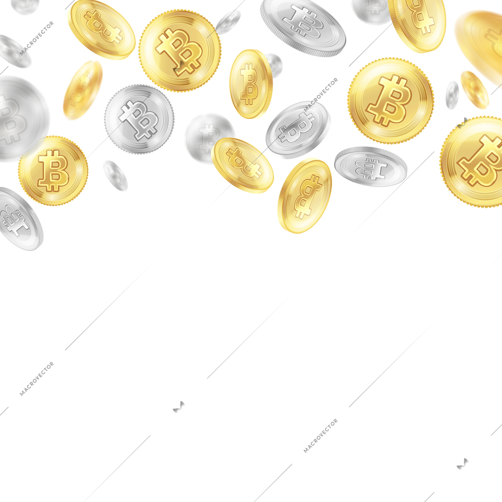 Crypto currency, flying golden and silver coins, virtual money on white background, realistic vector illustration