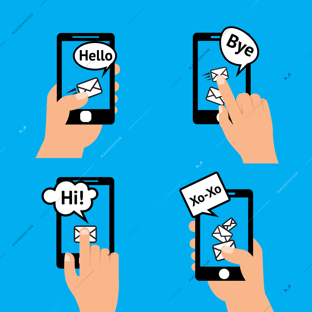 Hand holding smartphone touching screen  sending receiving messages icons isolated vector illustration.