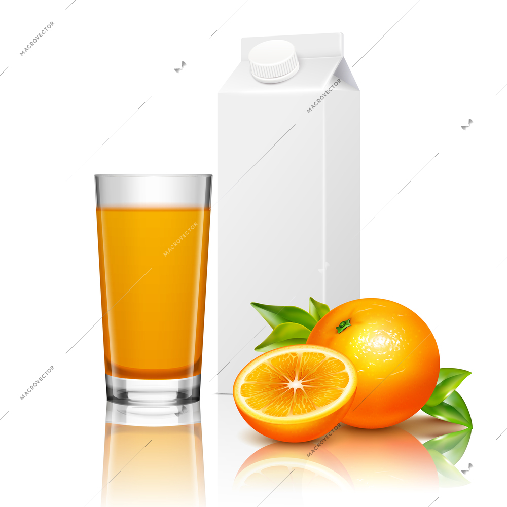 Blank cardboard packaging and glass of fruit juice with oranges and green leaves realistic composition vector illustration