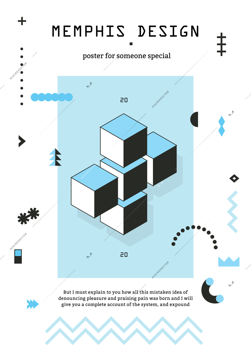 Memphis style geometric poster with cubes chevron patterned lines asterisks in blue black and text vector illustration