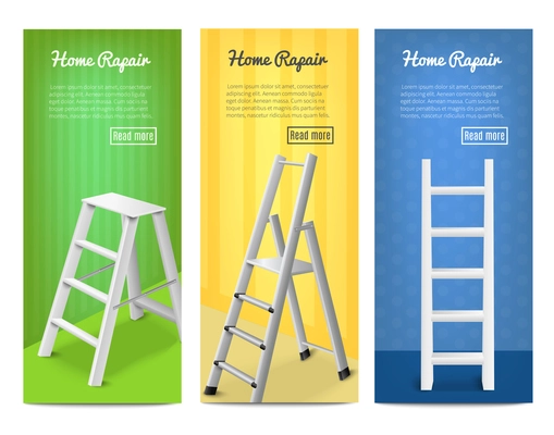 Multi purpose standing leaning realistic ladders for home repair renovation 3 vertical banners set  isolated vector illustration