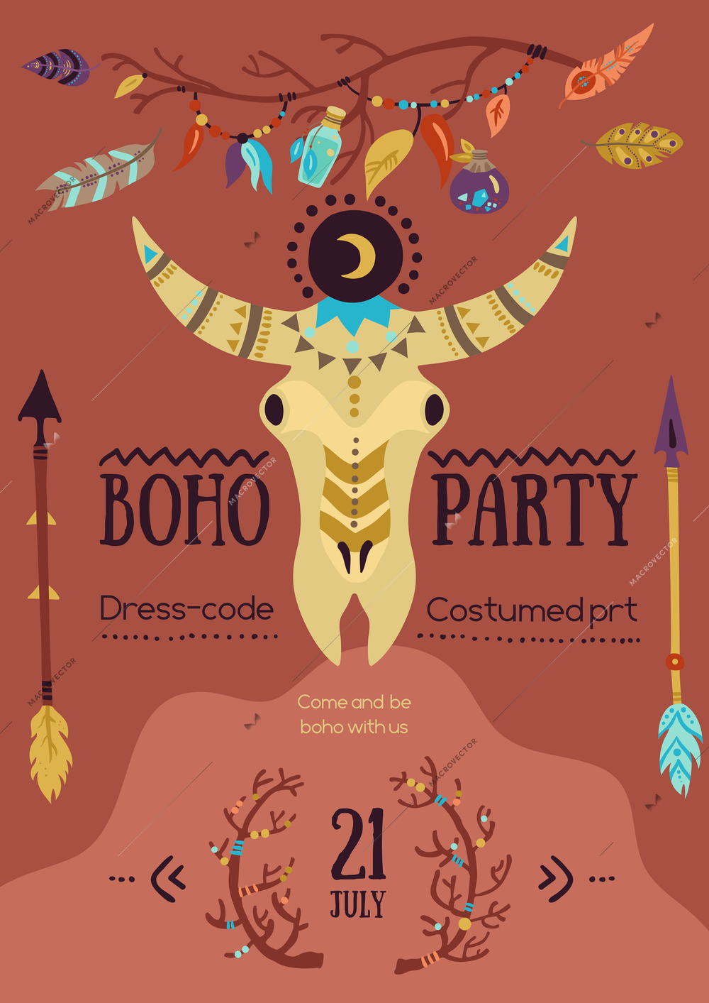 Boho party date announcement poster with  cow head symbol arrows feathers on earth tone background vector illustration