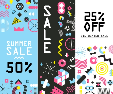 Memphis design decorative funny geometric  elements patterns sale advertisement 3 vertical black blue banners set isolated vector