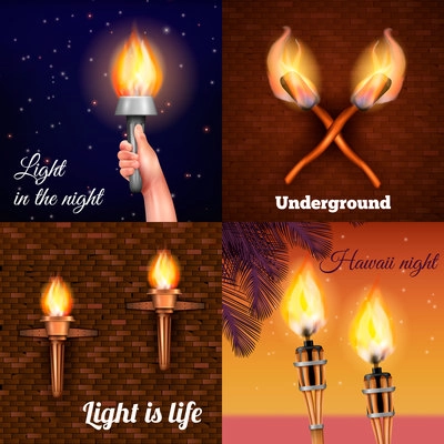 Torch realistic 2x2 design concept with four colourful compositions of burning torch on different backgrounds vector illustration